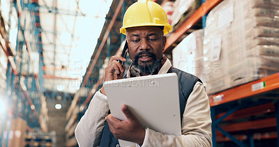 Buy stock photo Phone call, clipboard and black man in warehouse for inspection, inventory and stock checklist. Supervisor, factory and person on smartphone for communication for logistics, shipping or distribution