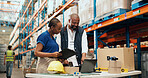 Logistics, team and clipboard with laptop in warehouse to track order, shipping status or feedback. Supply chain staff, people and tech with checklist for stock control, delivery schedule and update