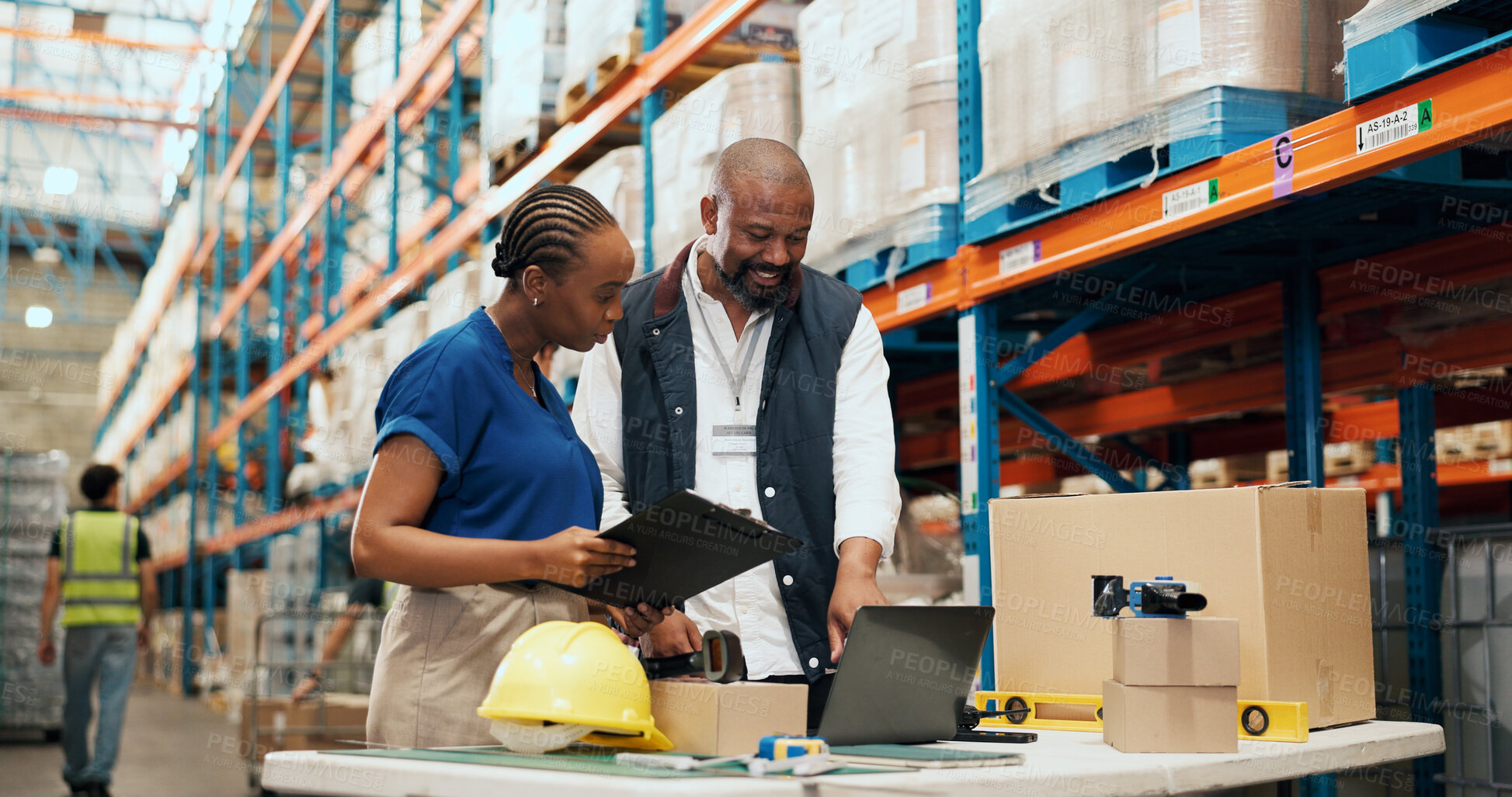 Buy stock photo Logistics, team and clipboard with laptop in warehouse to track order, shipping status or feedback. Supply chain staff, people and tech with checklist for stock control, delivery schedule and update