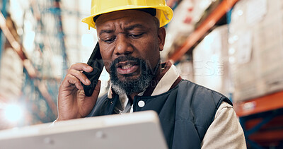 Buy stock photo Phone call, clipboard and black man in warehouse for inventory, inspection and stock checklist. Supervisor, mature and person on smartphone for communication for logistics, shipping or distribution