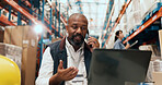 Logistics, phone call and man with laptop in warehouse, supply chain and communication with contact. Shipping, online and mature person with tech for order distribution, inventory or chat with mobile
