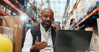 Buy stock photo Logistics, phone call and man with laptop in warehouse, supply chain and communication with contact. Shipping, online and mature person with tech for order distribution, inventory or chat with mobile