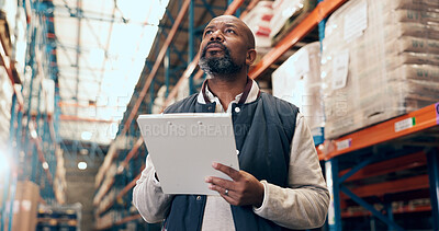 Buy stock photo Black man, logistics and inspection with clipboard for inventory checklist or stock control in depot. Mature, male person or employee checking shipping with list for supply chain or freight business