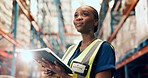 Black woman, logistics and checking inventory with tablet in warehouse for stock control. Female person, employee or checklist with technology app for shipping storage, maintenance or depot security