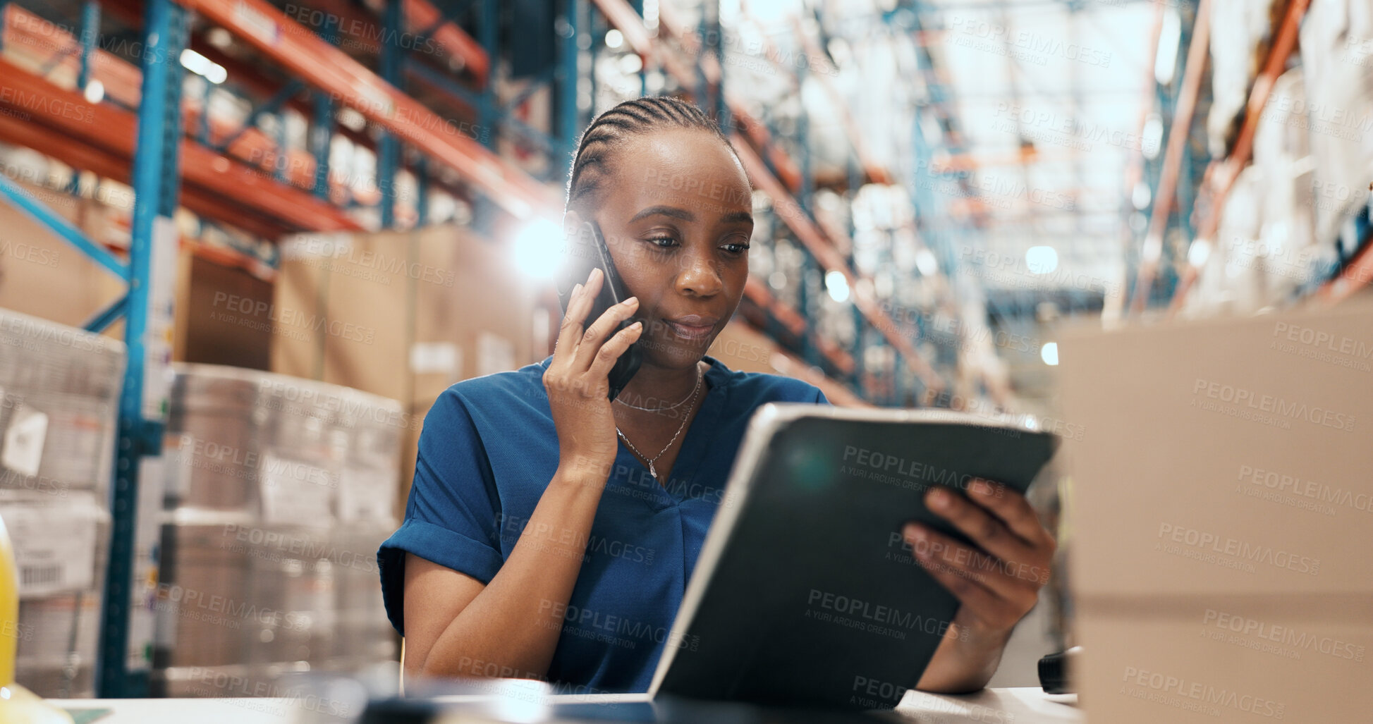 Buy stock photo Export, phone call and woman with tablet in warehouse, supply chain and communication with supplier. Logistics, flare and black person with tech for order distribution, inventory and chat with mobile