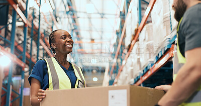 Buy stock photo Teamwork, box and people with help in warehouse for supply chain, inventory and stock inspection. Supervisor, factory and woman with package for logistics, ecommerce and distribution for delivery