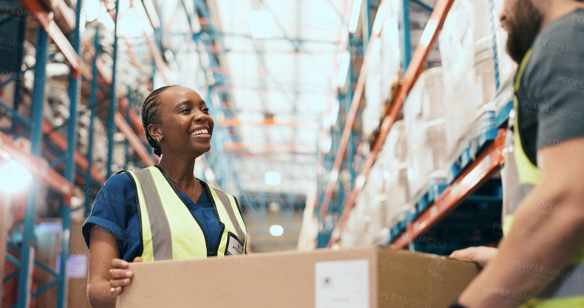 Buy stock photo Teamwork, box and people with help in warehouse for supply chain, inventory and stock inspection. Supervisor, factory and woman with package for logistics, ecommerce and distribution for delivery