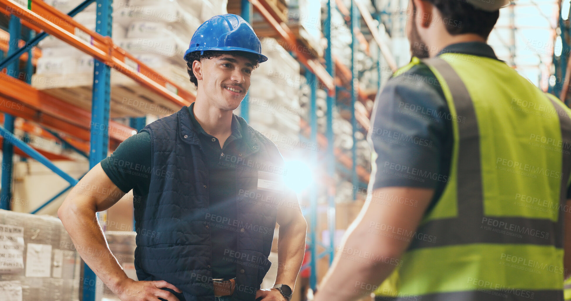 Buy stock photo Meeting, teamwork and men in warehouse for logistics, shipping and planning for delivery schedule. Supervisor, flare and workers in discussion for distribution, inventory check and inspection