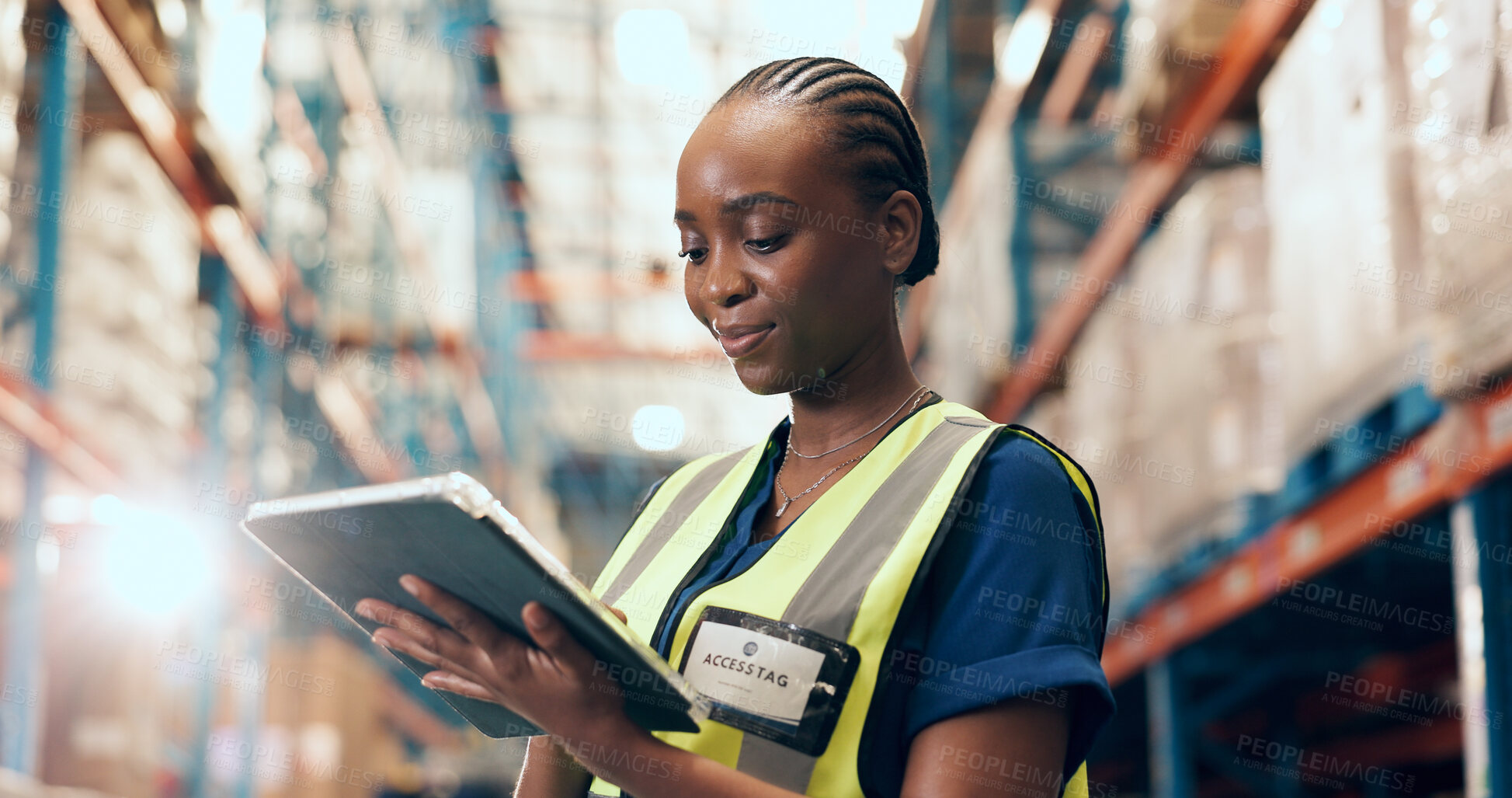 Buy stock photo Black woman, logistics and inventory with tablet in warehouse for stock control or checklist. Female person, employee or flare with technology app for shipping storage, depot maintenance or security