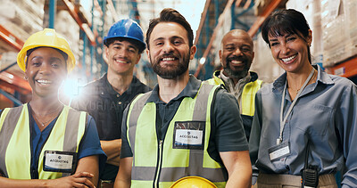Buy stock photo Shipping, team and happy portrait in warehouse for quality control, stock distribution and about us. Flare, people and laughing in storage facility for logistics, cargo export and order fulfillment