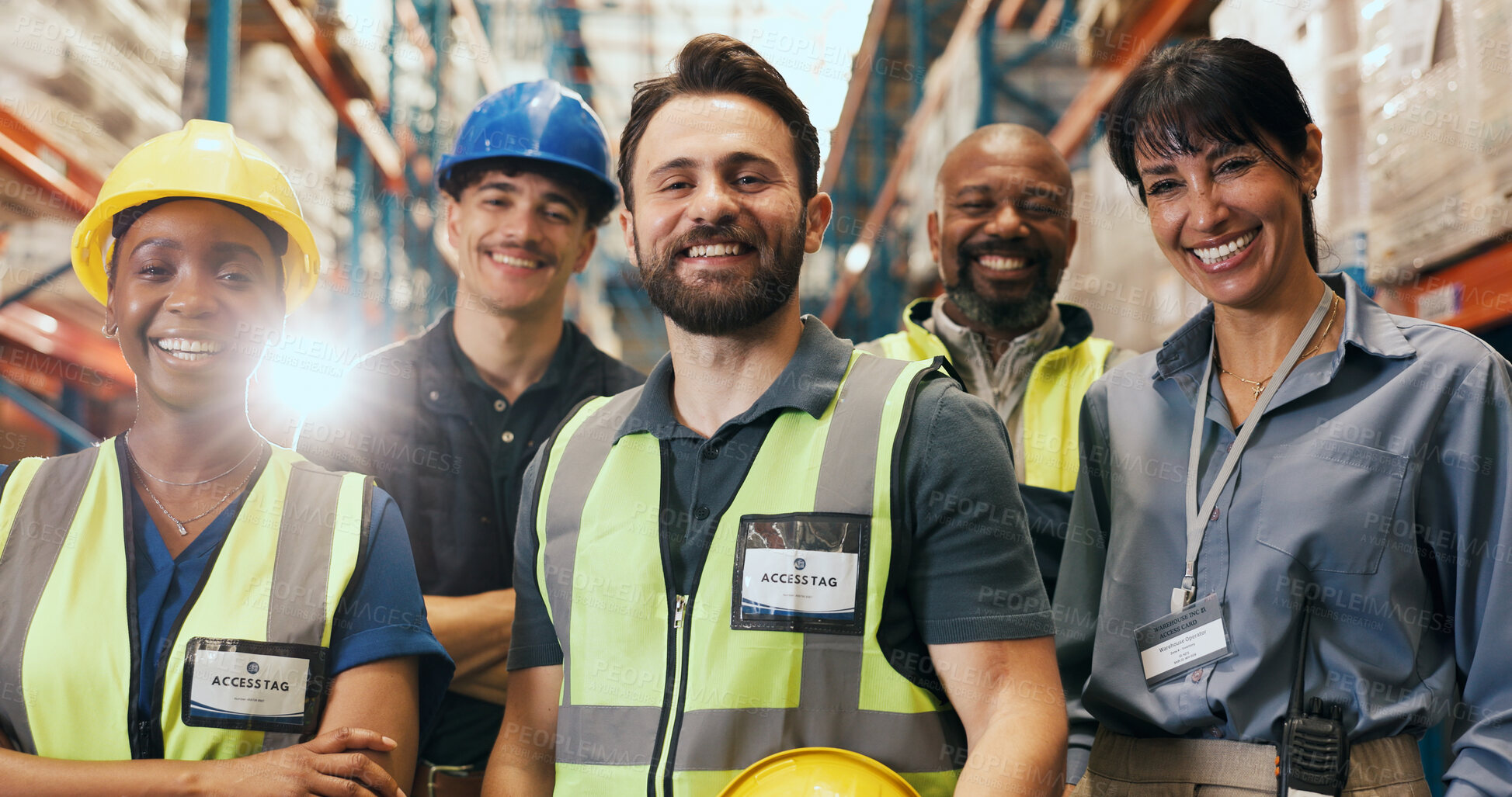 Buy stock photo Shipping, team and happy portrait in warehouse for quality control, stock distribution and about us. Flare, people and laughing in storage facility for logistics, cargo export and order fulfillment