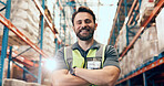 Happy man, portrait and logistics with confidence in warehouse for storage or shipping service. Mature, male person or distributor with smile or arms crossed for supply chain or freight in depot