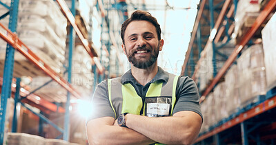 Buy stock photo Happy man, portrait and logistics with confidence in warehouse for storage or shipping service. Flare, male person or distributor with smile or arms crossed for supply chain or freight in depot
