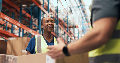 Buy stock photo Teamwork, happy and people with box in warehouse for supply chain, inventory and stock inspection. Supervisor, factory and woman with package for logistics, ecommerce and distribution for delivery