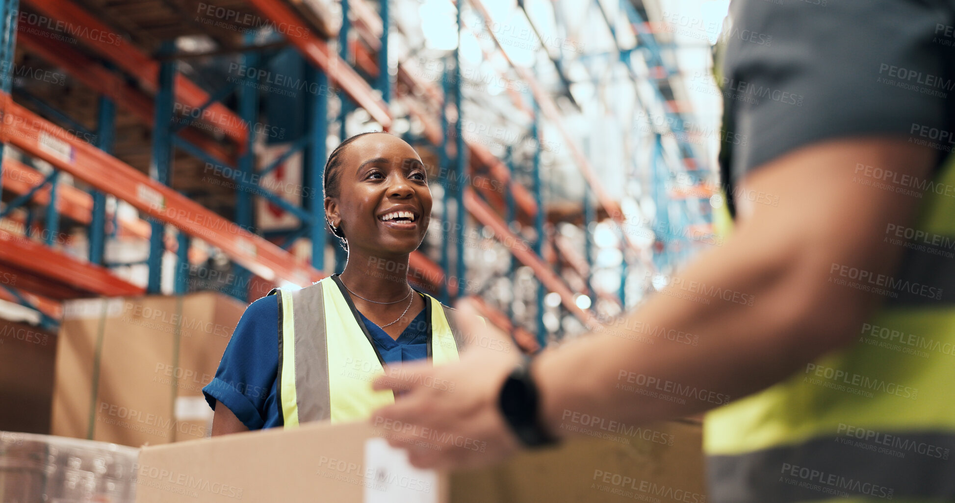 Buy stock photo Teamwork, happy and people with box in warehouse for supply chain, inventory and stock inspection. Supervisor, factory and woman with package for logistics, ecommerce and distribution for delivery