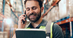 Shipping, phone call and man with tablet in warehouse, supply chain and communication with supplier. Logistics, factory and person with mobile for chat, distribution and planning for stock delivery