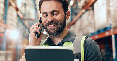 Buy stock photo Shipping, phone call and man with tablet in warehouse, supply chain and communication with supplier. Logistics, factory and person with mobile for chat, distribution and planning for stock delivery