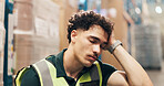 Sleeping, logistics and tired with man in warehouse for backlog delivery, overworked and cargo crisis. Shipping burnout, distribution fatigue and exhausted with person in factory for ecommerce