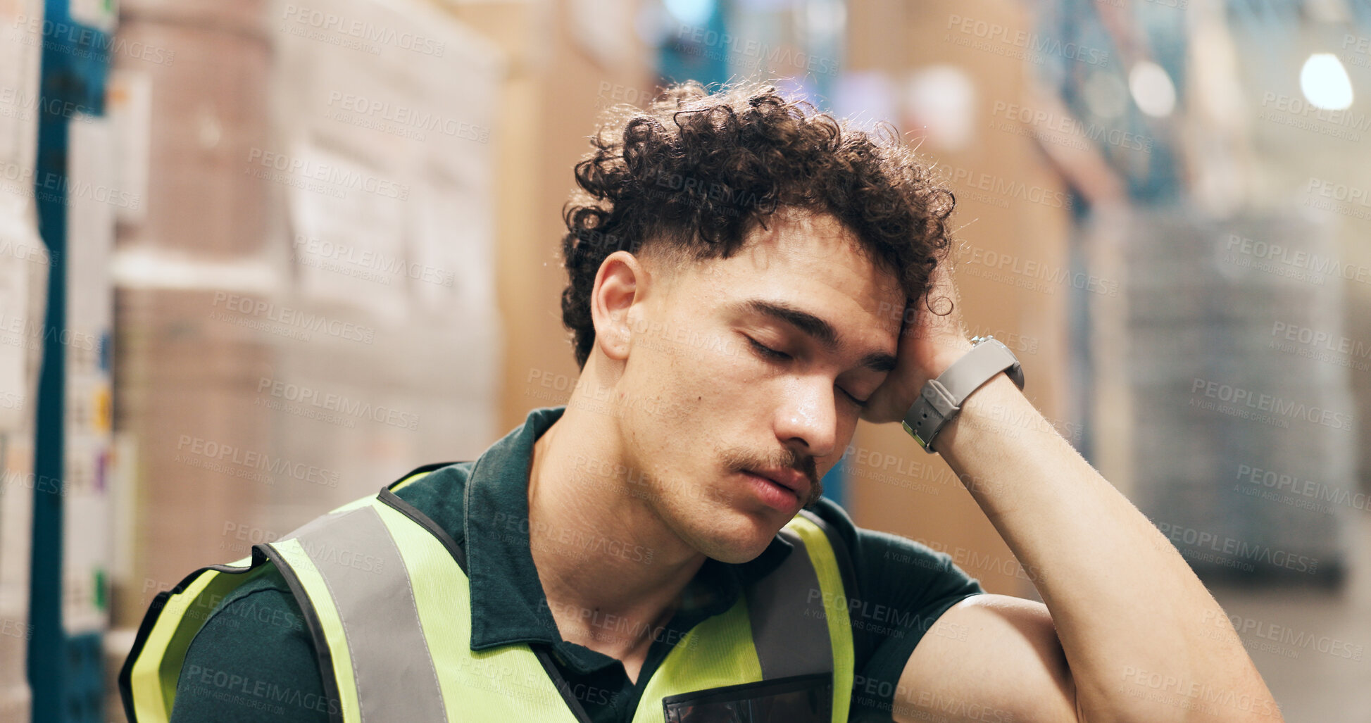 Buy stock photo Sleeping, logistics and tired with man in warehouse for backlog delivery, overworked and cargo crisis. Shipping burnout, distribution fatigue and exhausted with person in factory for ecommerce
