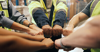 Buy stock photo Hands, people and fist bump for logistics in warehouse with partnership, agreement and inventory. Staff, huddle and teamwork for supply chain, shipping success and achievement for cargo distribution