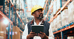 Logistics, inspection and man with tablet in warehouse, supply chain or stock quality control on web. Shipping, online and black person with tech for inventory management, mature supervisor and goods