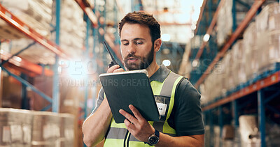 Buy stock photo Businessman, tablet or talking with radio for logistics, inventory or stock control in warehouse. Man, employee or speaking with signal or technology for shipping storage, freight safety or security