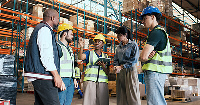 Buy stock photo People, meeting and logistics with tablet in warehouse for inspection, shipping and inventory checklist. Team, talking and digital for schedule update, quality assurance and planning for distribution