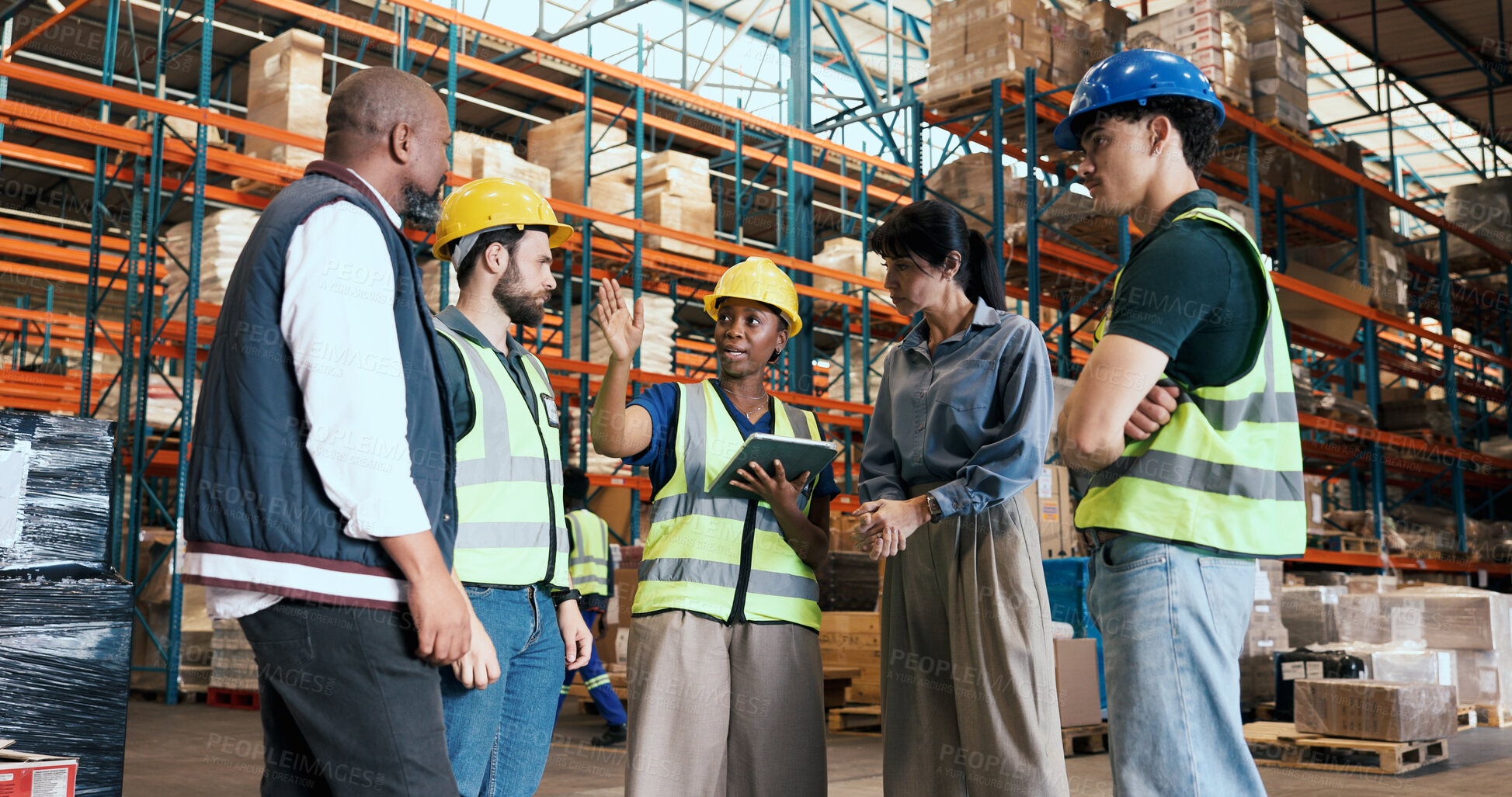 Buy stock photo People, meeting and logistics with tablet in warehouse for inspection, shipping and inventory checklist. Team, talking and digital for schedule update, quality assurance and planning for distribution