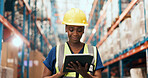 Shipping, online and woman with tablet in warehouse, supply chain or stock quality assurance on web. Factory, logistics and black person with tech for order distribution, scroll and goods inventory