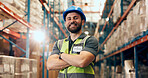 Businessman, portrait and logistics with confidence in warehouse for storage or shipping service. Happy, male person or distributor with smile or arms crossed for supply chain or freight in depot