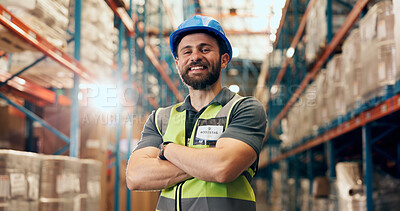 Buy stock photo Businessman, portrait and logistics with confidence in warehouse for storage or shipping service. Happy, male person or distributor with flare or arms crossed for supply chain or freight in depot