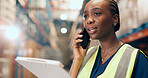 Logistics, phone call and woman with clipboard in factory, supply chain and discussion with supplier. Shipping, warehouse and black person with mobile for chat, export and planning for stock delivery