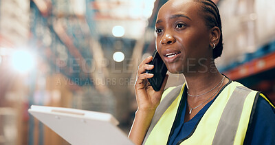 Buy stock photo Logistics, phone call and woman with clipboard in factory, supply chain and discussion with supplier. Shipping, warehouse and black person with mobile for chat, export and planning for stock delivery