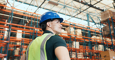 Buy stock photo Thinking, shipping and back of man in warehouse for supply chain, inventory and stock inspection. Supervisor, factory and person in aisle for logistics, ecommerce or distribution for quality control