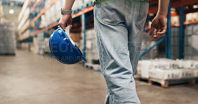Buy stock photo Walking, helmet and legs of man in warehouse for supply chain, inventory and stock inspection. Supervisor, factory and person in aisle for logistics, ecommerce or distribution for quality control