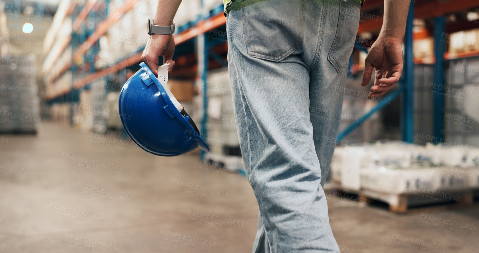 Buy stock photo Walking, helmet and legs of man in warehouse for supply chain, inventory and stock inspection. Supervisor, factory and person in aisle for logistics, ecommerce or distribution for quality control
