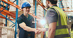 Happy, business people or logistics with handshake in warehouse for partnership together. Businessmen, colleagues or employees shaking hands with smile for shipping success, deal or teamwork in depot