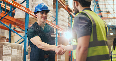 Buy stock photo Happy, business people or logistics with handshake in warehouse for partnership together. Businessmen, colleagues or employees shaking hands with flare for shipping success, deal or teamwork in depot
