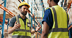 Talking, teamwork and men in warehouse for logistics, shipping and planning for delivery schedule. Supervisor, factory and workers in discussion for distribution, inventory check and inspection