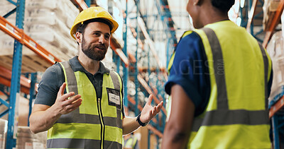 Buy stock photo Talking, teamwork and men in warehouse for logistics, shipping and planning for delivery schedule. Supervisor, factory and workers in discussion for distribution, inventory check and inspection
