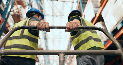 Buy stock photo Walking, trolley and back of men in warehouse for supply chain, inventory and stock inspection. Supervisor, factory and people with pallet tray for logistics, ecommerce or distribution for delivery
