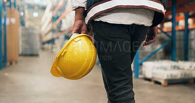 Buy stock photo Walking, helmet and back of man in warehouse for supply chain, inventory and stock inspection. Supervisor, factory and legs of person with safety gear for logistics, ecommerce and distribution