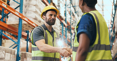Buy stock photo Business people, logistics and storage with handshake for teamwork or partnership together. Colleagues, employees or shaking hands with flare for shipping deal, b2b or onboarding in warehouse depot