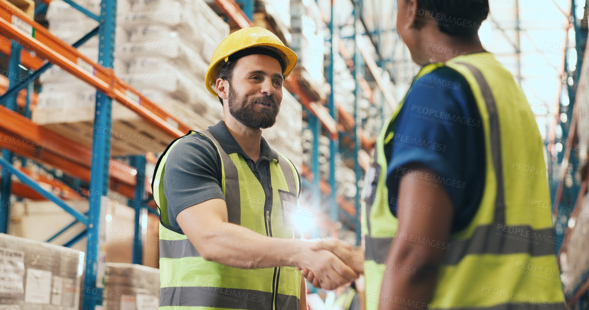 Buy stock photo Business people, logistics and storage with handshake for teamwork or partnership together. Colleagues, employees or shaking hands with flare for shipping deal, b2b or onboarding in warehouse depot