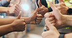 Business people, hands or logistics with thumbs up for teamwork, agreement or unity together. Group, employees or colleagues with like emoji or yes sign in huddle for cohesion or synergy in warehouse