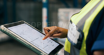 Buy stock photo Hands, person and blueprint on tablet screen for warehouse design, floor plan and expansion. Contractor, digital and review sketch for factory layout, planning renovation and maintenance information