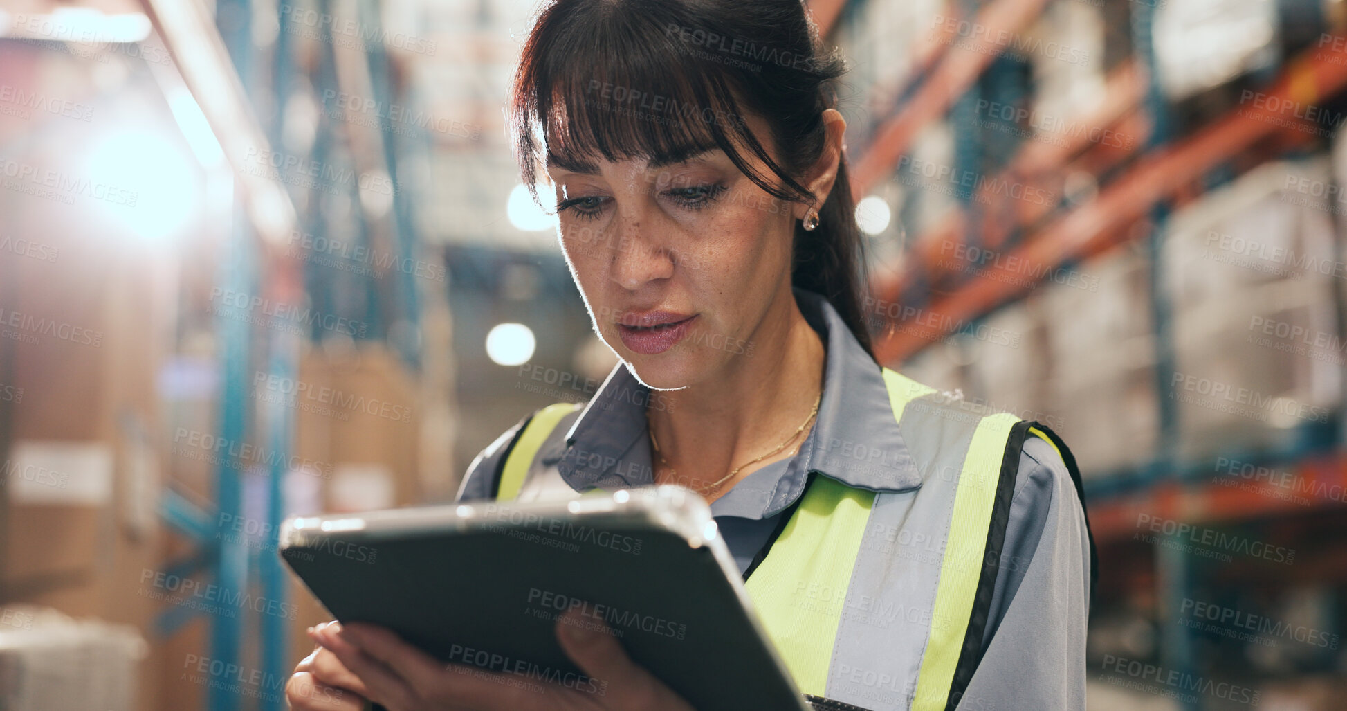 Buy stock photo Logistics, tablet and reading with woman in warehouse for inspection checklist, cargo storage and flare. Supply chain inventory, distribution advisor and online report with mature person in factory