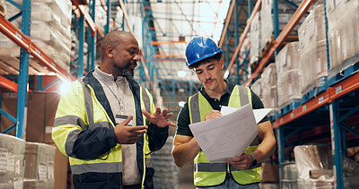 Buy stock photo Logistics, team and men with paperwork in warehouse, discussion and planning for stock distribution. Talking, supplier and people with documents for supply chain, shipping and goods delivery schedule