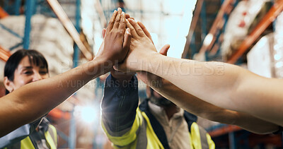 Buy stock photo Hands, people and high five for logistics in warehouse with partnership, agreement and inventory. Staff, gesture and teamwork for supply chain, shipping success and achievement for cargo distribution
