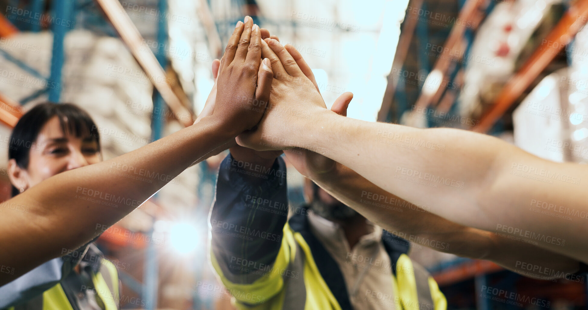 Buy stock photo Hands, people and high five for logistics in warehouse with partnership, agreement and inventory. Staff, gesture and teamwork for supply chain, shipping success and achievement for cargo distribution